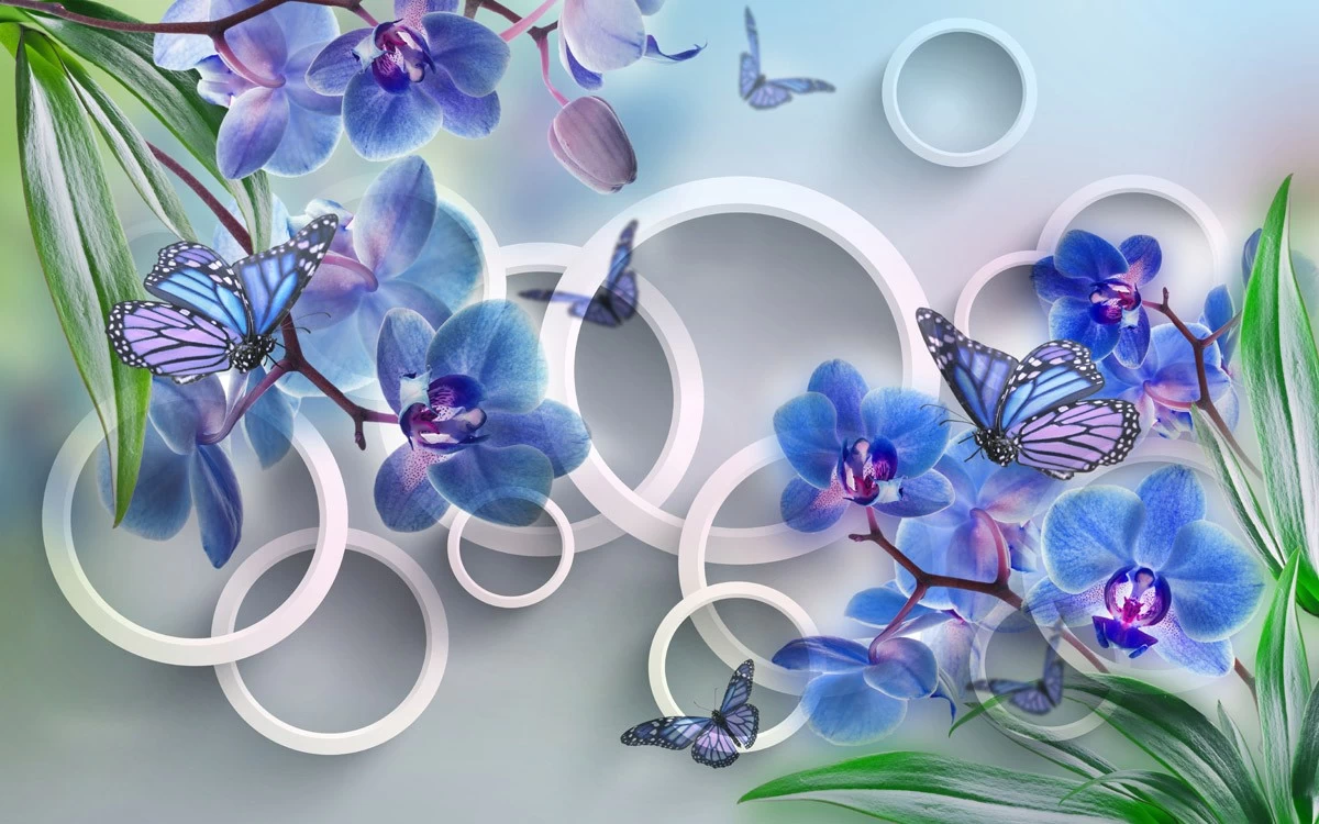 картинка 3 D фотообои нежно голубая орхидея с бабочками и кольцамиот интернет-магазина Фотомили