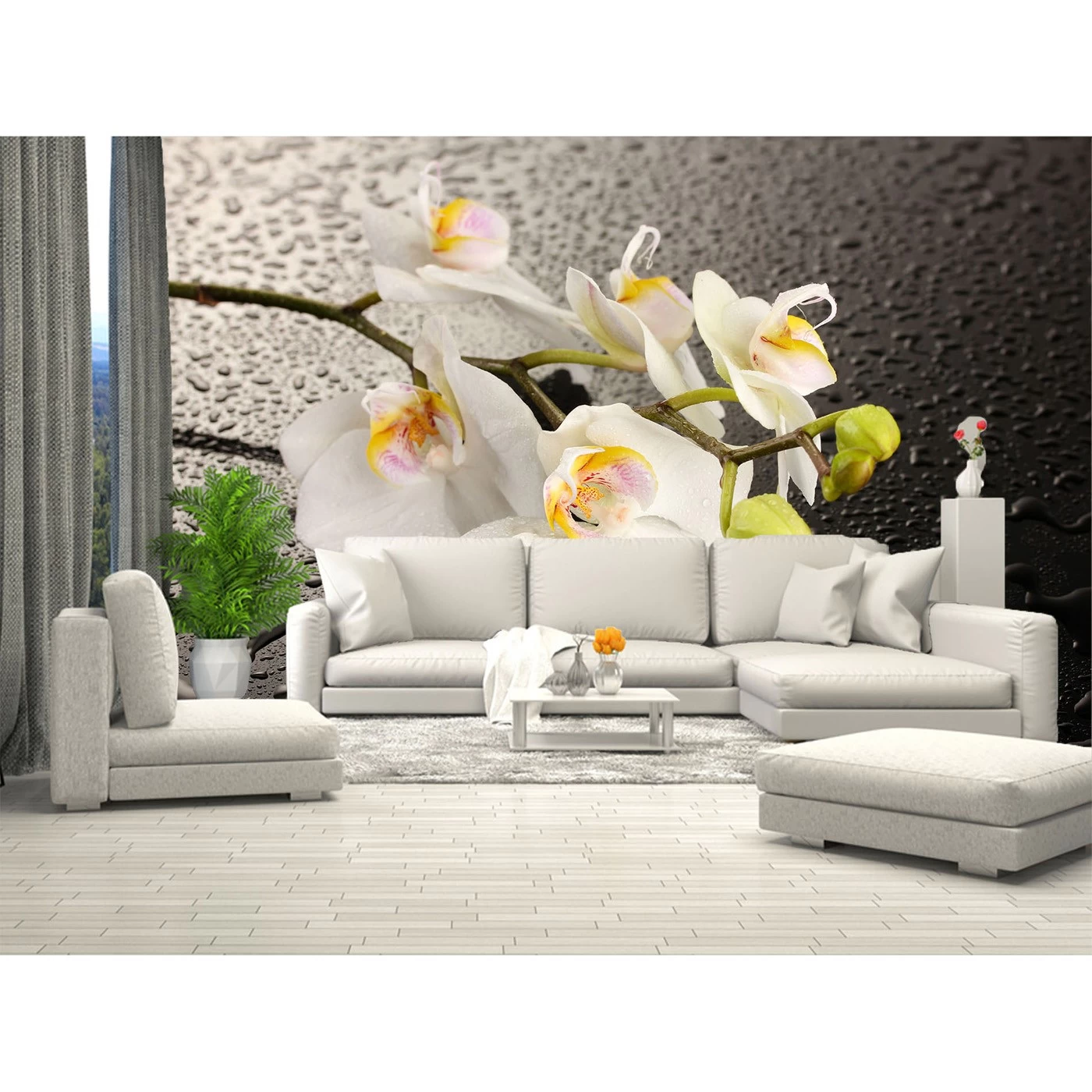 картинка Фотообои веточка белоснежной орхидеи на влажном стеклеот интернет-магазина Фотомили