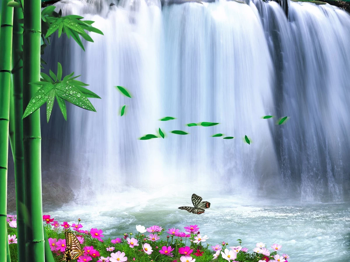 картинка Фотообои бамбук с бабочками и цветами на фоне водопадаот интернет-магазина Фотомили