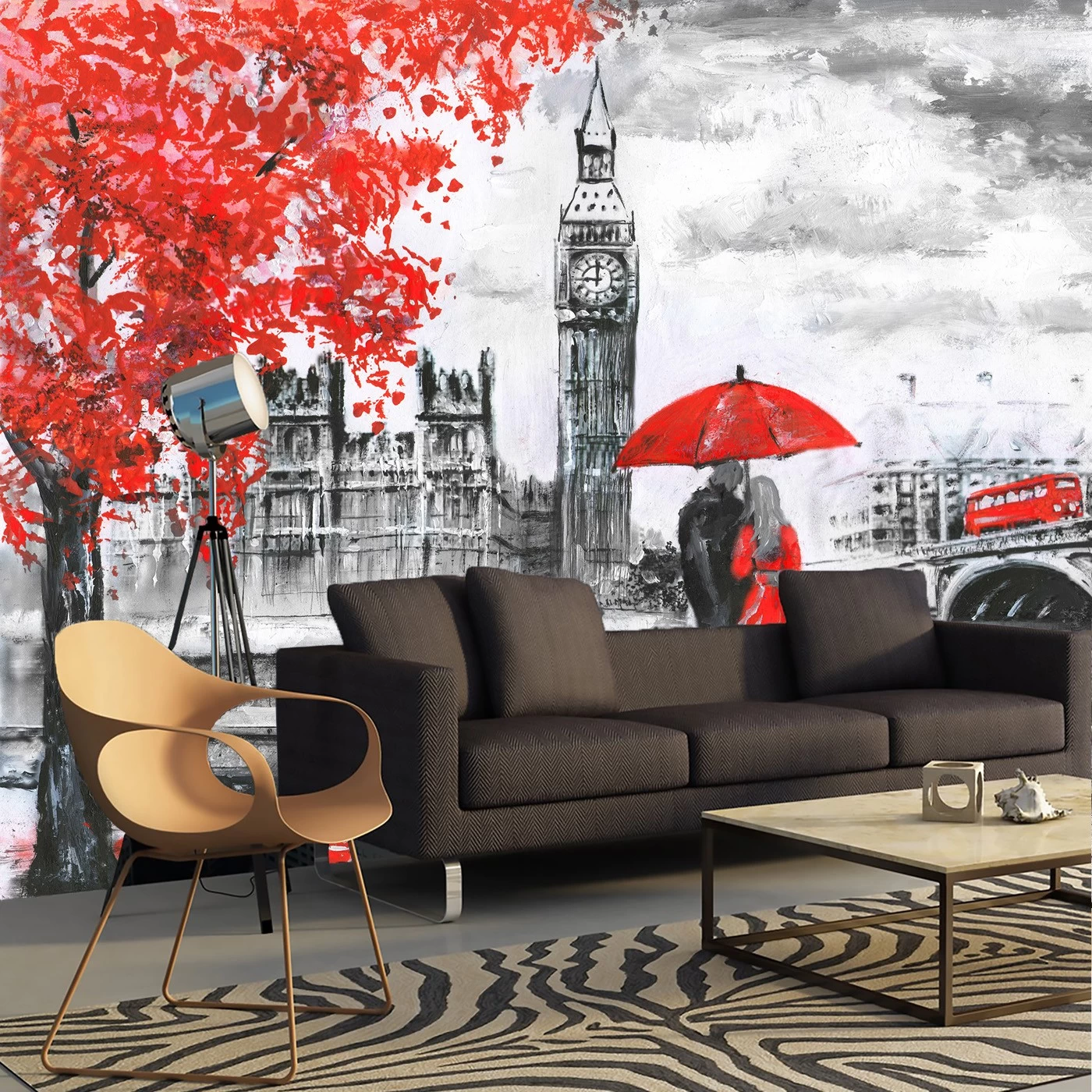 картинка Фотообои осенний Лондон и пара с красным зонтомот интернет-магазина Фотомили