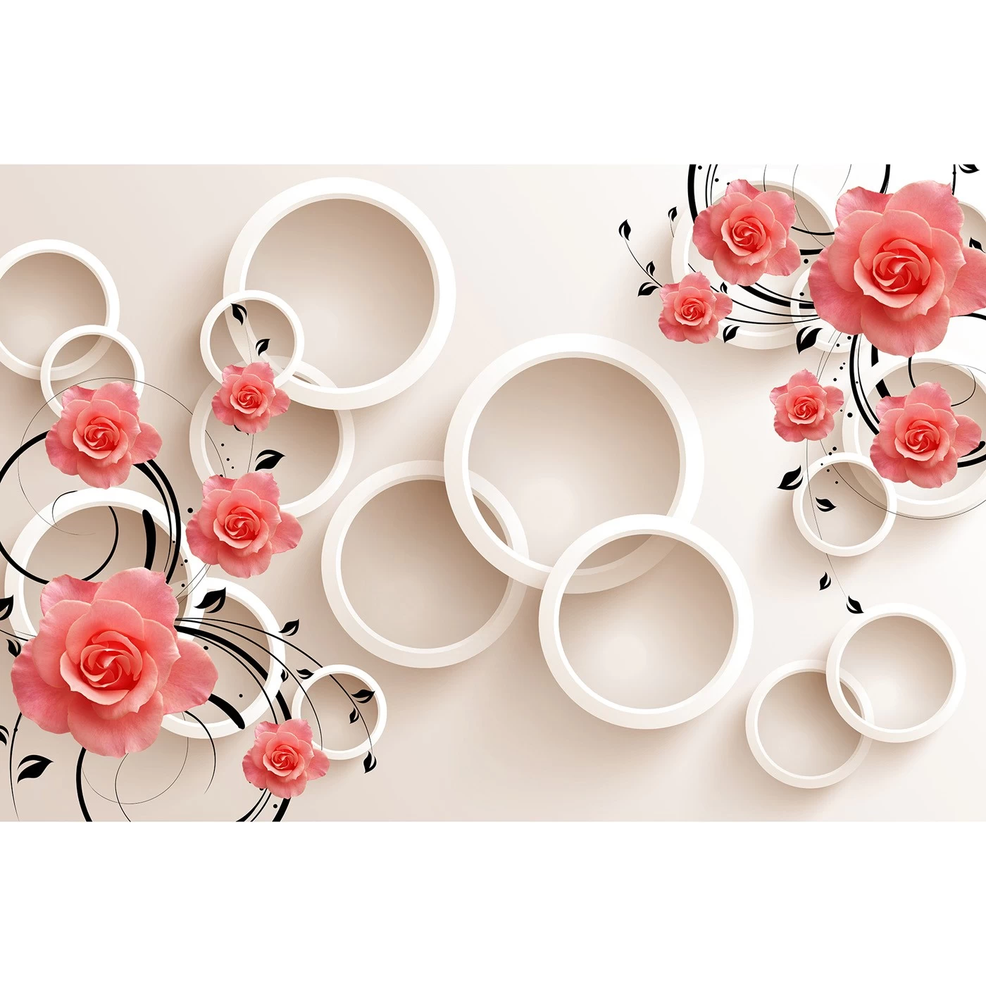картинка Фотообои розовые розы на белом фоне с кругамиот интернет-магазина Фотомили