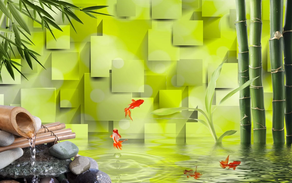 картинка 3 D фотообои стебли бамбука с выпрыгивающими рыбками из водыот интернет-магазина Фотомили