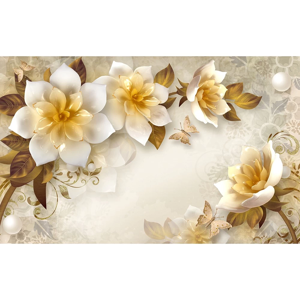 картинка Фотообои золотисто-белые цветы с бабочками на фоне из отрисованных листьевот интернет-магазина Фотомили