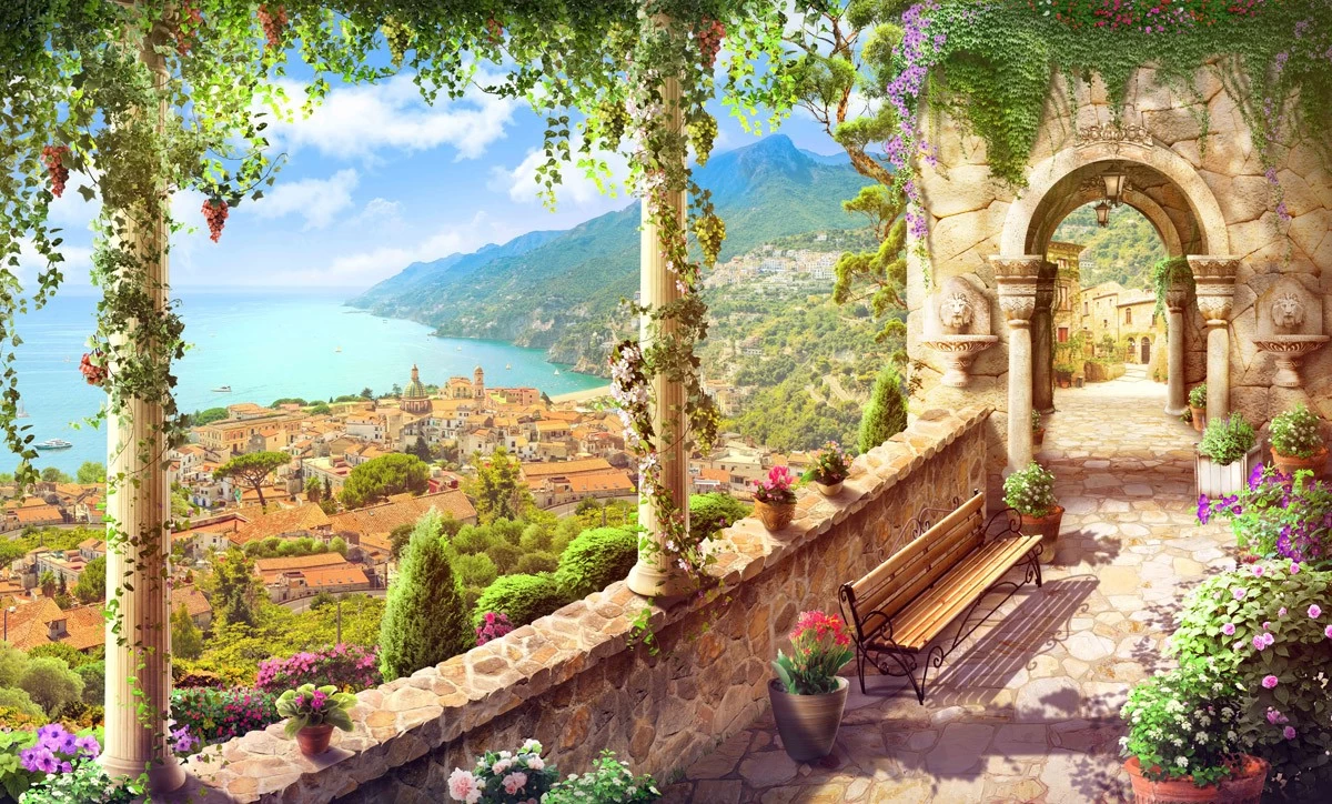 картинка Фотообои фреска вид с балкона на город море и горыот интернет-магазина Фотомили