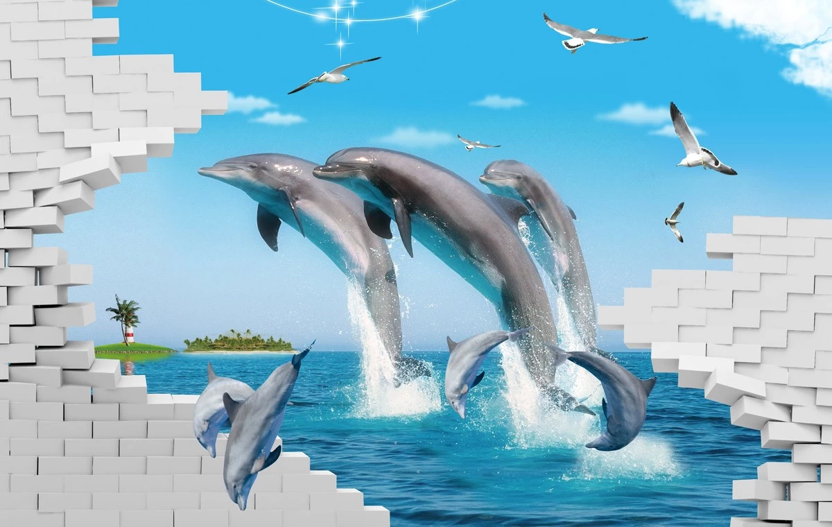 картинка 3 D фотообои дельфины в прыжке на мореот интернет-магазина Фотомили