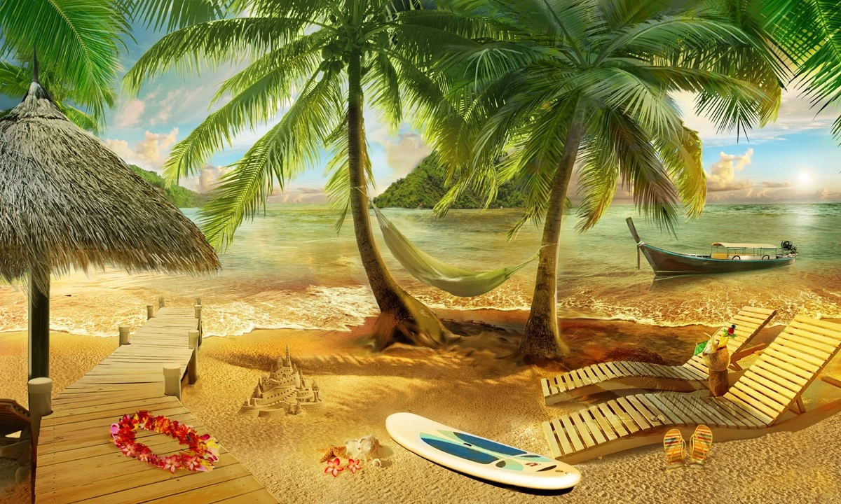 картинка Фотообои фреска остров с пирсом пальмами шезлонгами и лодочкойот интернет-магазина Фотомили