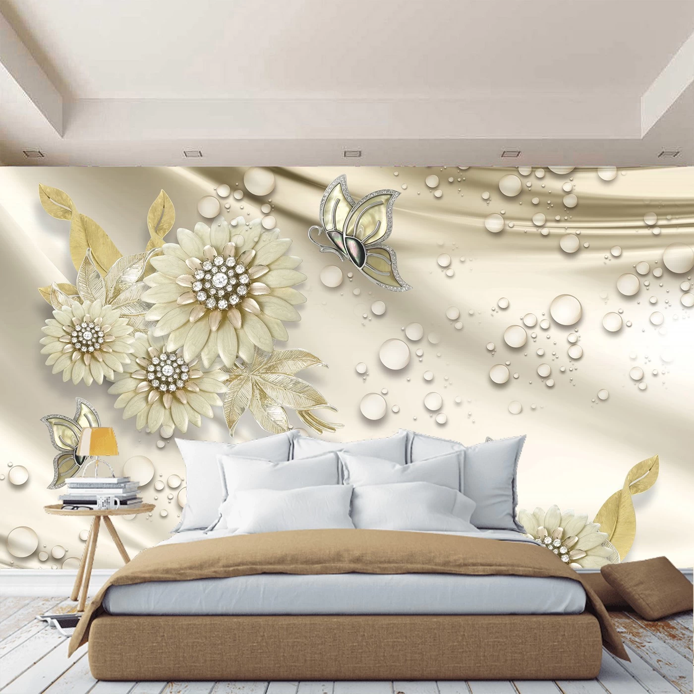 картинка Фотообои цветы с алмазами и бабочками на шелкеот интернет-магазина Фотомили