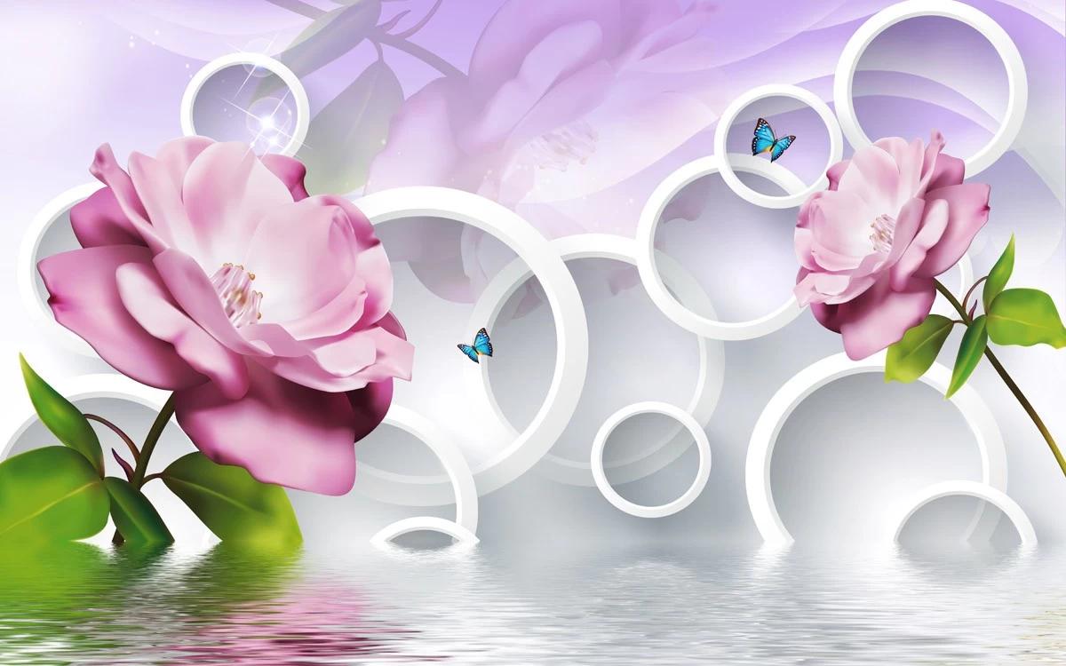 картинка 3 D фотообои розовый цветок с кругами и бабочками на водеот интернет-магазина Фотомили
