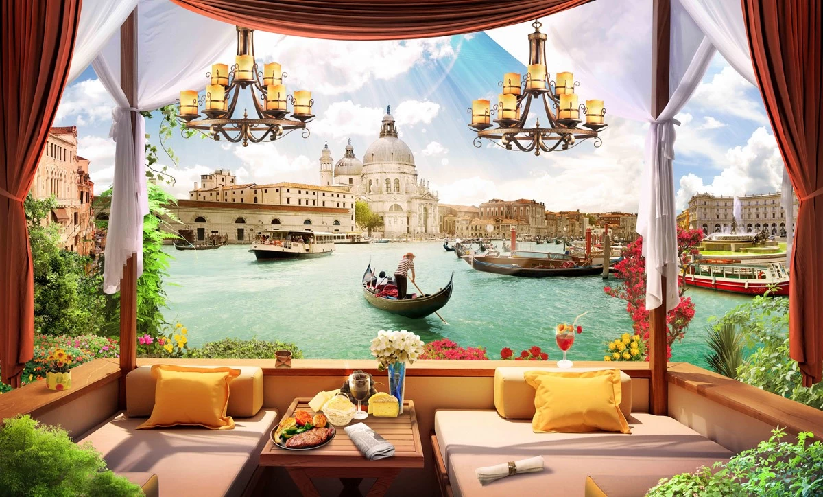 картинка Фотообои фреска вид с балкона на венецианскую гондолу и лодки от интернет-магазина Фотомили