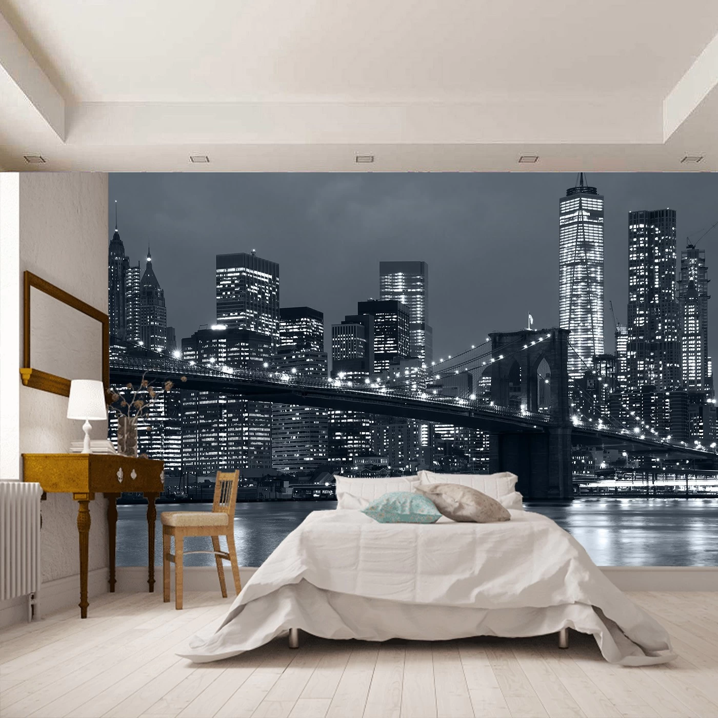 картинка Фотообои город Нью Йорк с видом на Бруклинский мост черно белыйот интернет-магазина Фотомили