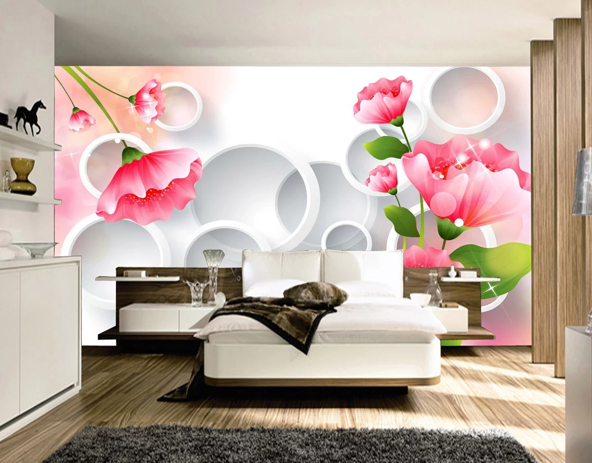 картинка 3 D фотообои розовые цветы с кругамиот интернет-магазина Фотомили