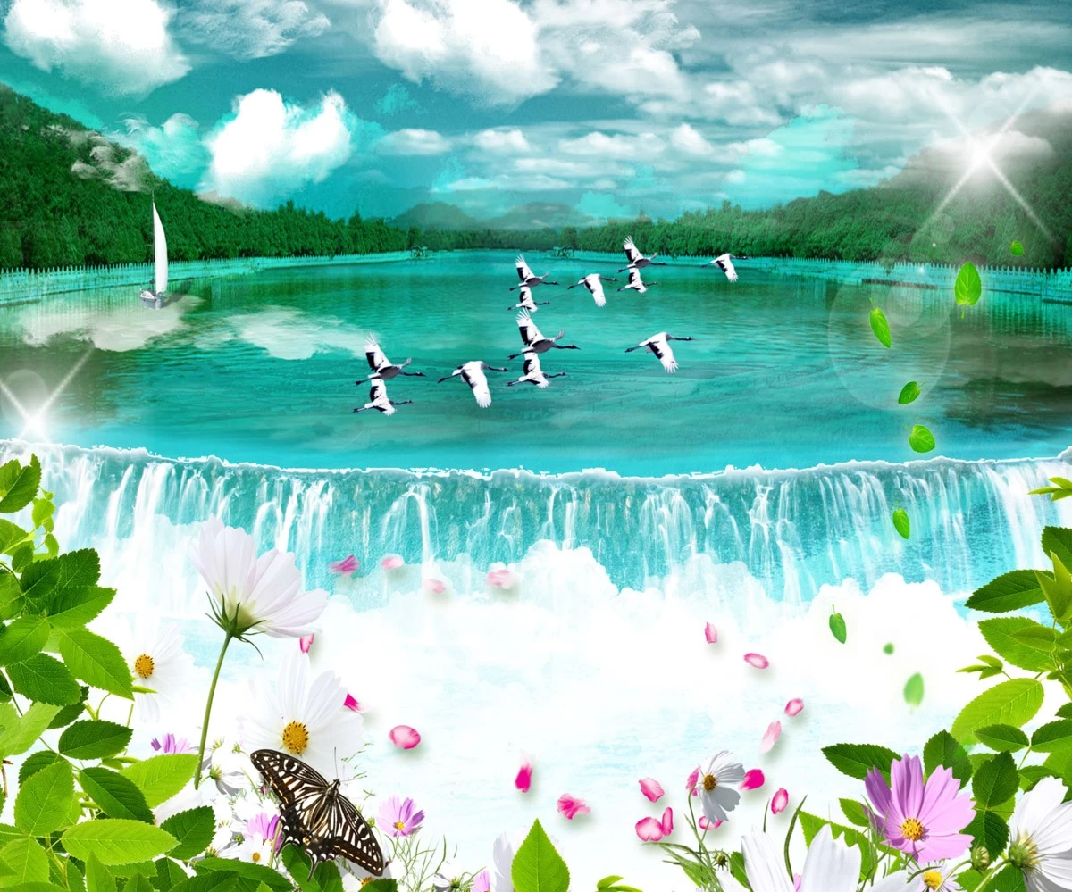 картинка Фотообои рассвет на водопаде со стаей журавлейот интернет-магазина Фотомили