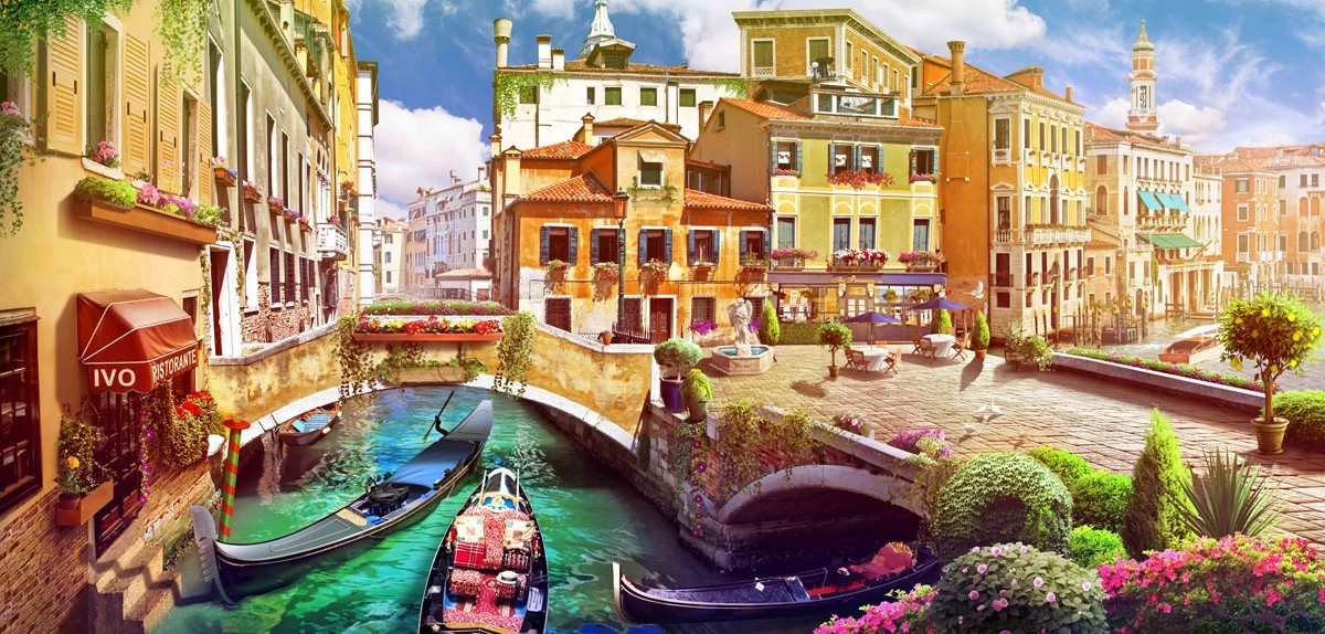 картинка Фотообои фреска венецианская улочка с гондолами под мостомот интернет-магазина Фотомили