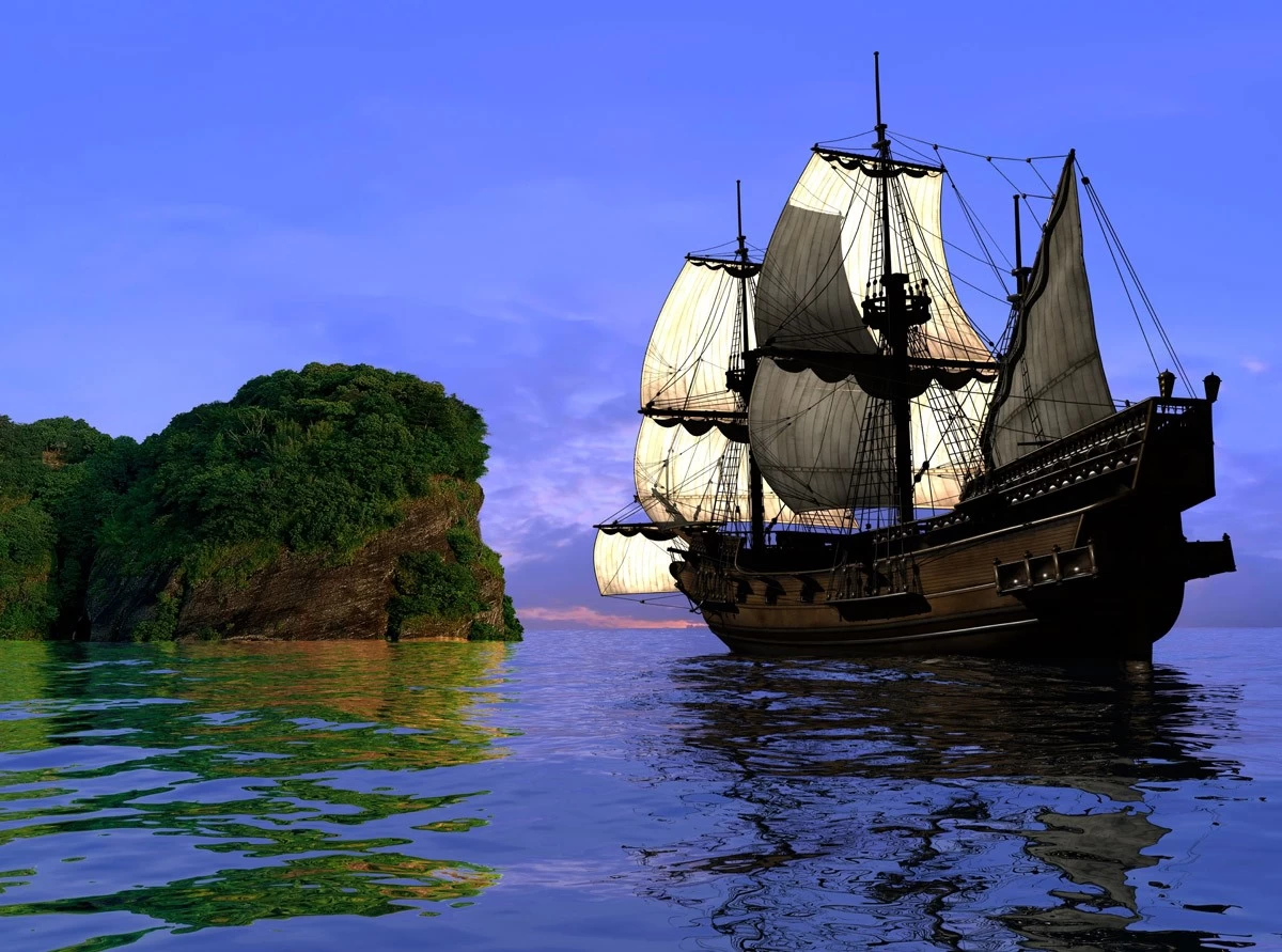 картинка Фотообои парусное судно Галеон на море возле зеленой скалыот интернет-магазина Фотомили