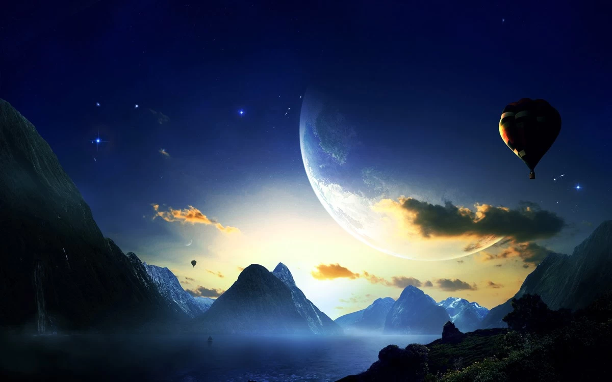 картинка Фотообои воздушный шар на фоне звездного неба гор и моряот интернет-магазина Фотомили
