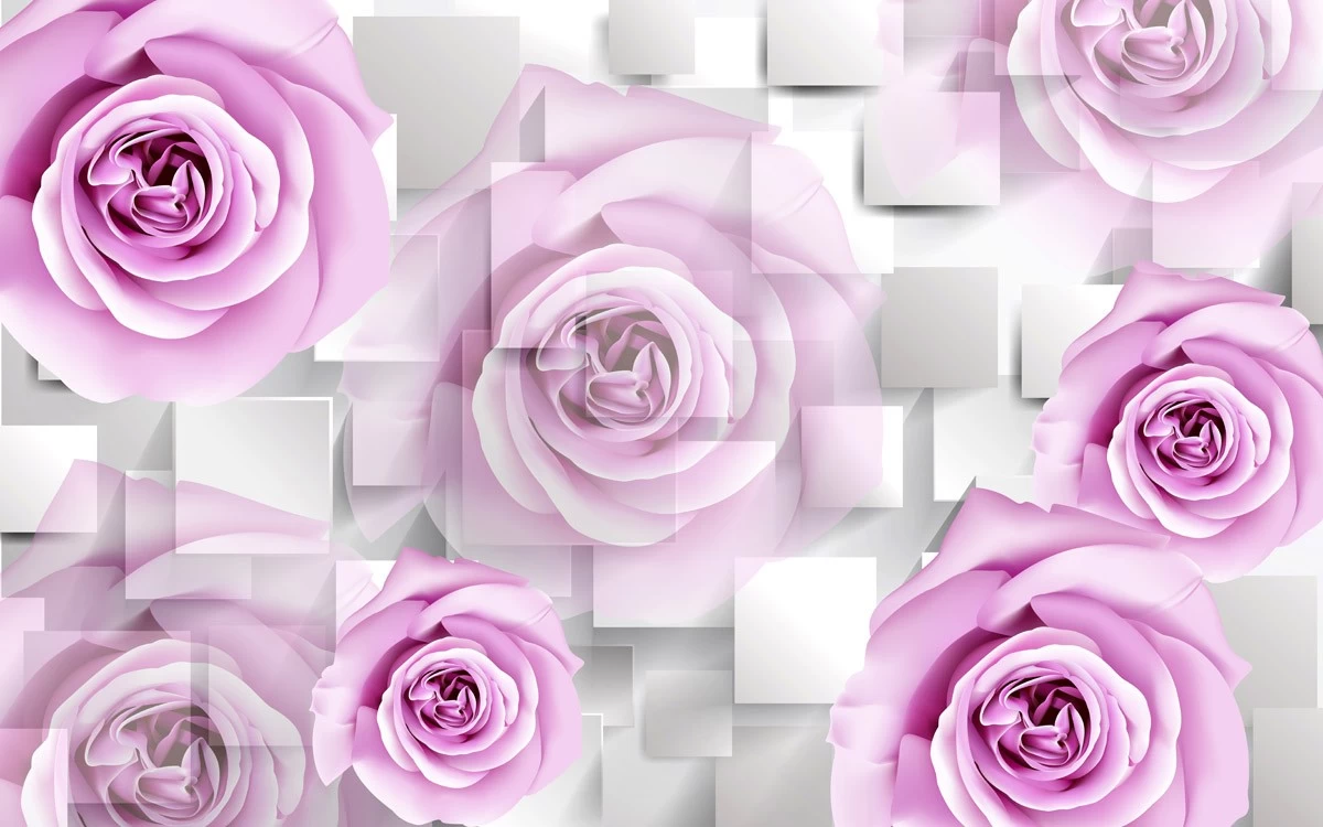 картинка 3 D фотообои сиреневые розы на фоне серых квадратовот интернет-магазина Фотомили