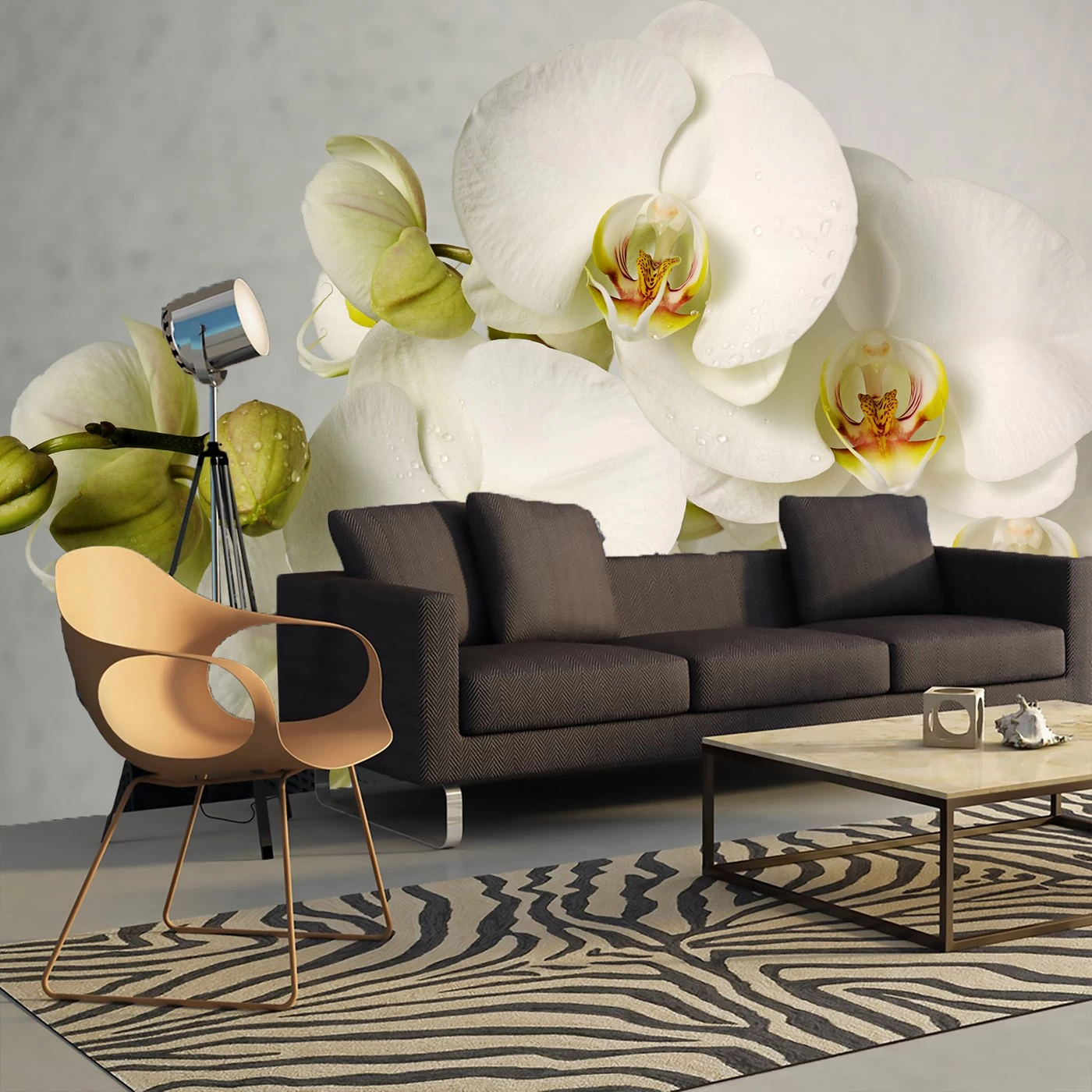 картинка Фотообои веточка белоснежной орхидеи на сером фонеот интернет-магазина Фотомили