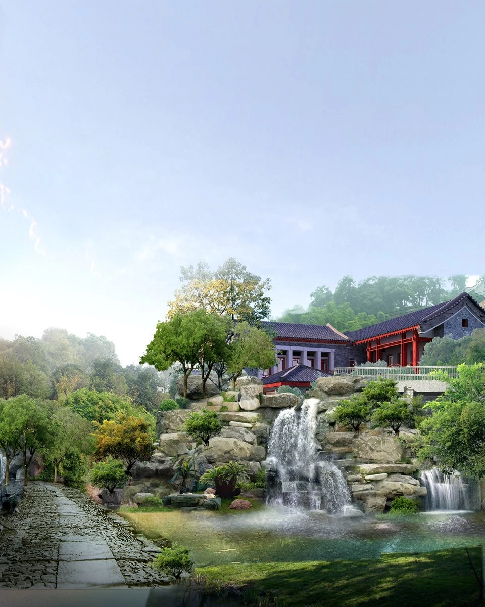 картинка Фотообои корейская живопись дом с водопадомот интернет-магазина Фотомили