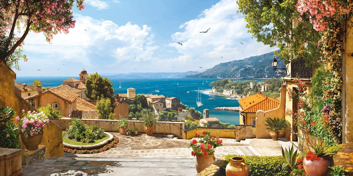 Купить Фотообои фреска итальянская улочка с видом на море и горы на стену. Фото с ценой. Каталог интернет-магазина Фотомили