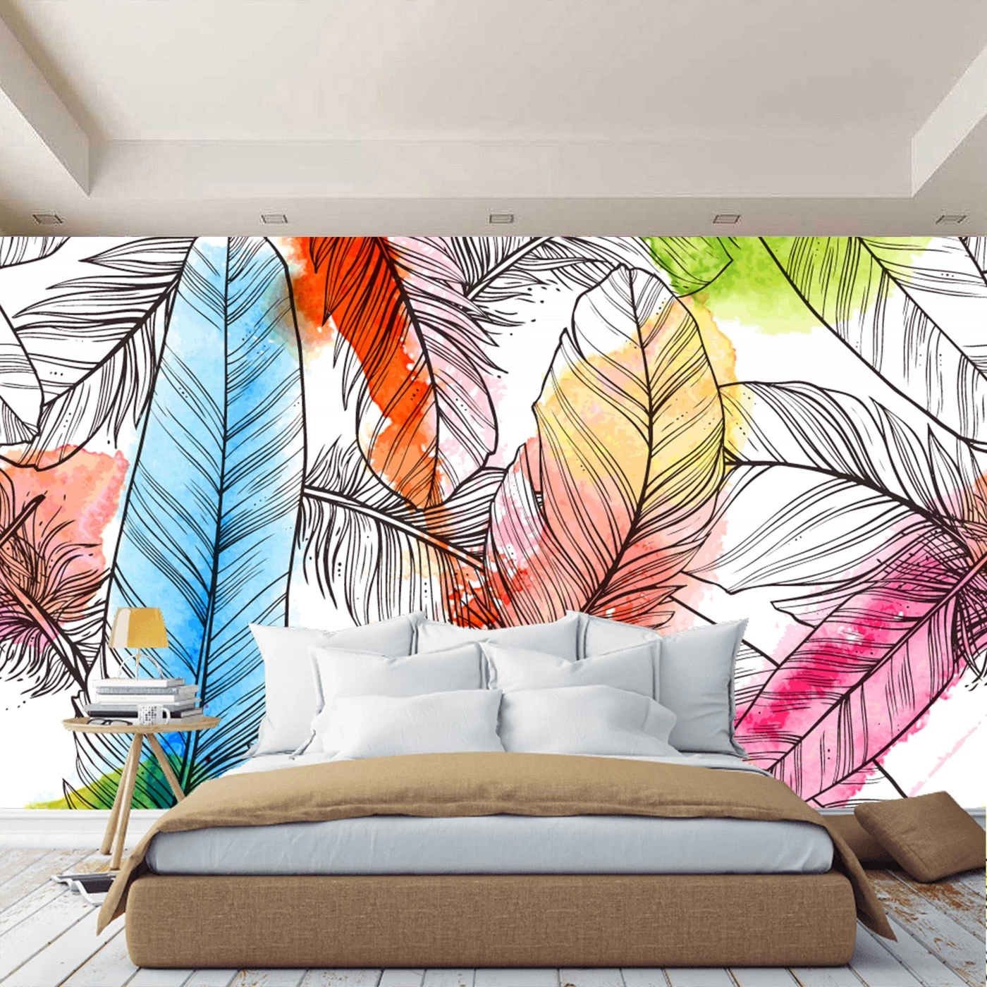 картинка Фотообои абстракция с акварельными разноцветными перьямиот интернет-магазина Фотомили