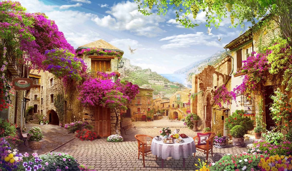 Купить Фотообои фреска улочки Италии с кафе и столиком на улице на стену. Фото с ценой. Каталог интернет-магазина Фотомили