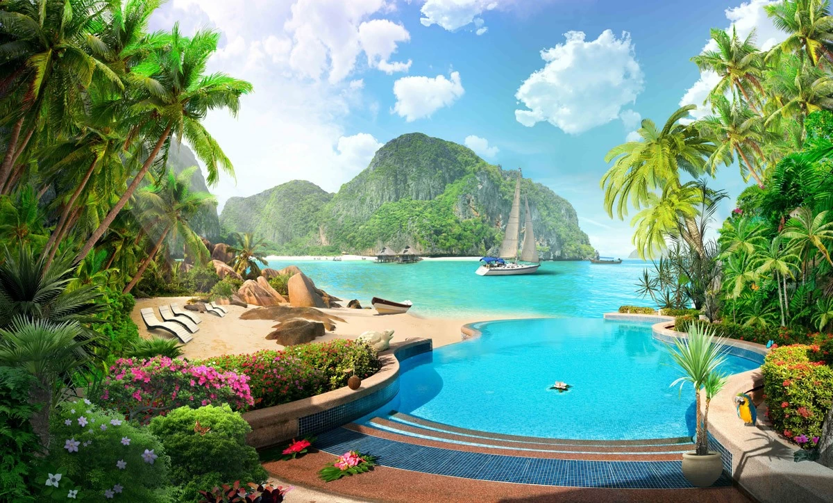 картинка Фотообои фреска бассейн с видом на море горы и корабльот интернет-магазина Фотомили