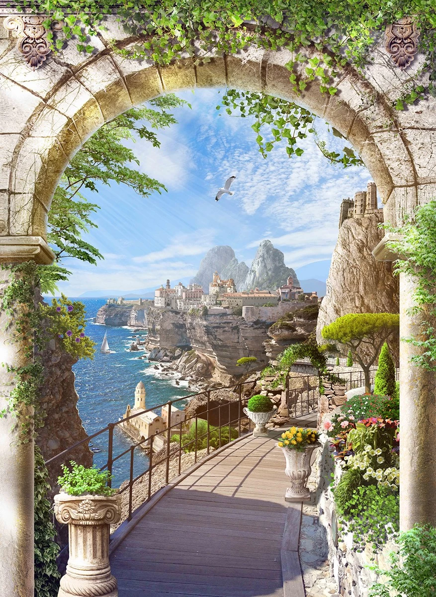 картинка Фотообои фреска арка с видом на город в горах и мореот интернет-магазина Фотомили