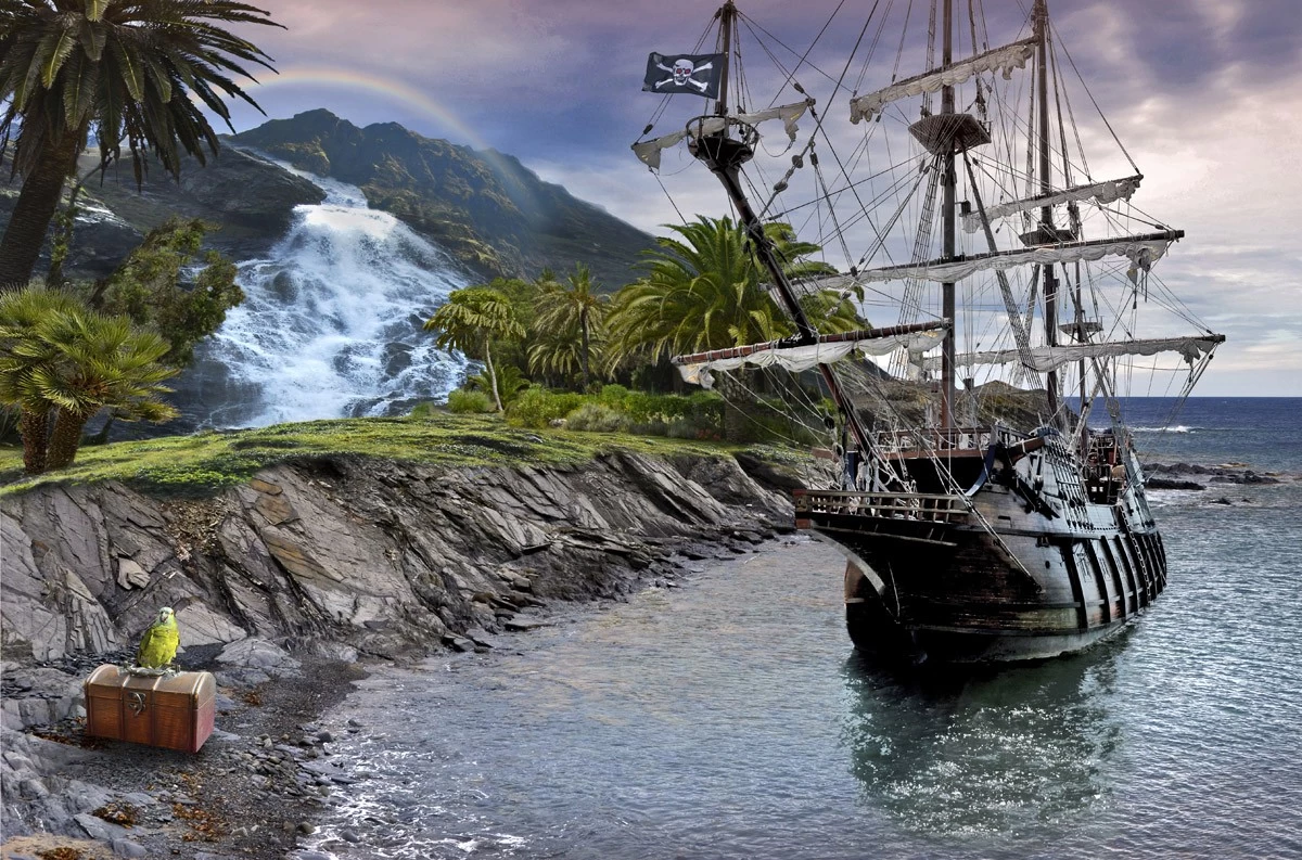 картинка Фотообои пиратский корабль на фоне гор с водопадом и радугойот интернет-магазина Фотомили