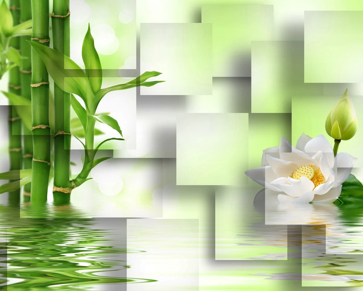 картинка 3D фотообои бамбук и цветок лотоса на водной гладиот интернет-магазина Фотомили