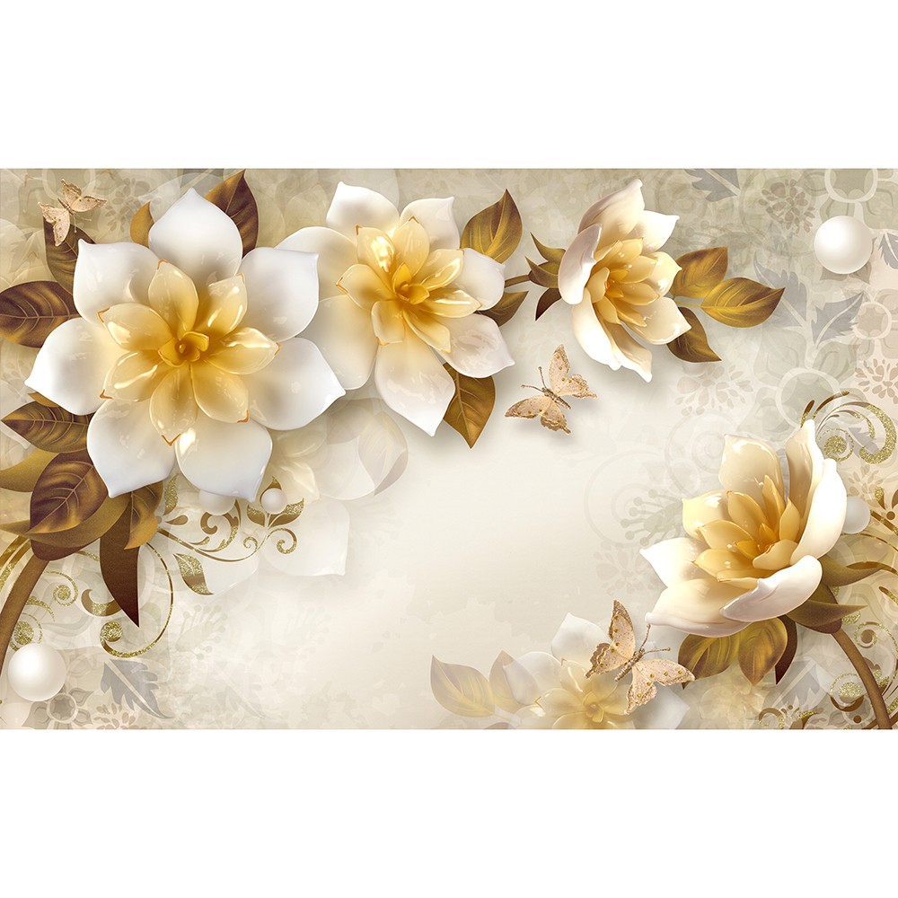картинка Фотообои золотисто-белые цветы с бабочками на фоне из отрисованных листьевот интернет-магазина Фотомили