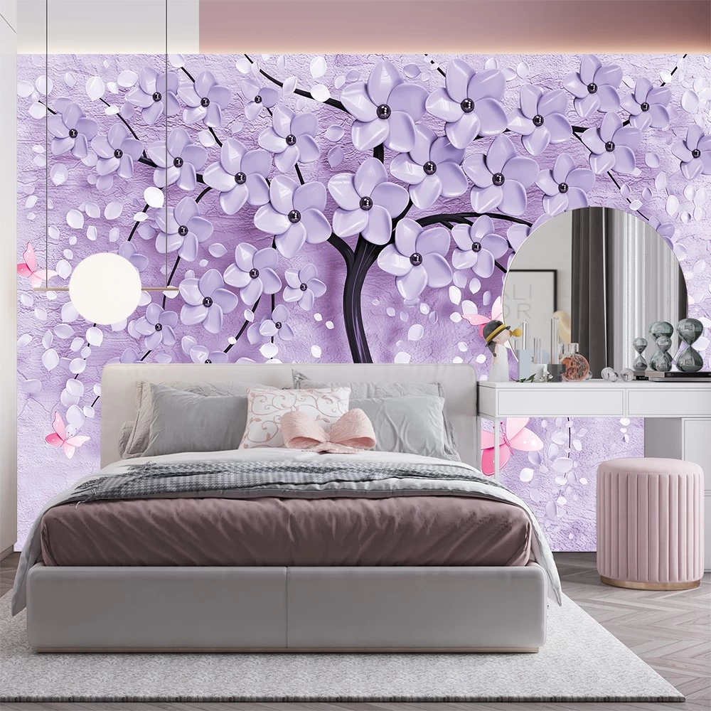 картинка Фотообои дерево с пурпурными цветками и розовыми бабочкамиот интернет-магазина Фотомили