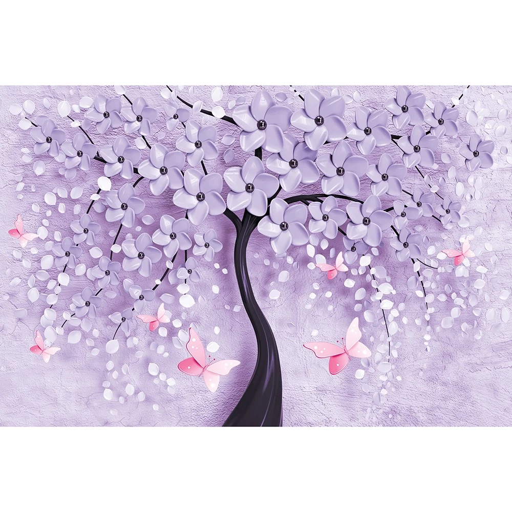 картинка Фотообои дерево с пурпурными цветками и розовыми бабочкамиот интернет-магазина Фотомили